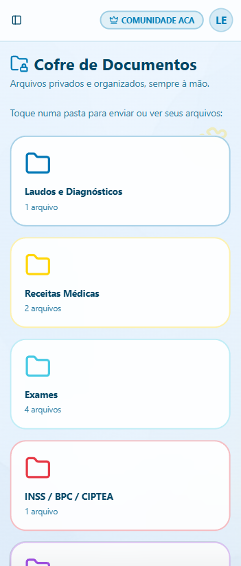 Tela real do Cofre de Documentos: pastas de Laudos, Receitas, Exames e INSS/BPC