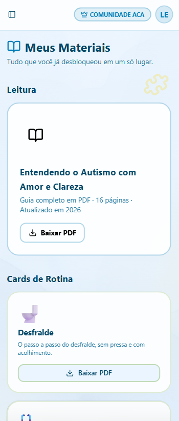 Tela real de Meus Materiais: o Guia em PDF e os Cards de Rotina prontos para baixar