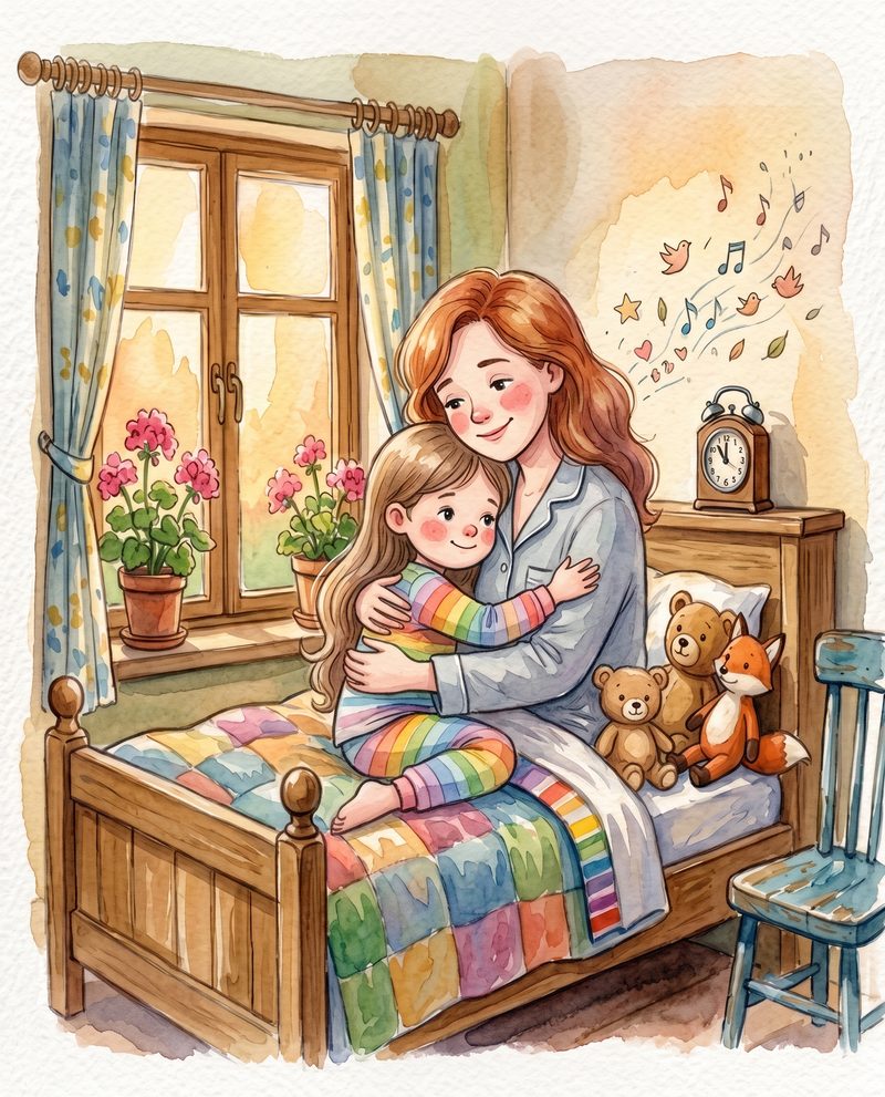Ilustração de mãe abraçando a filha antes de dormir, em um quarto aconchegante