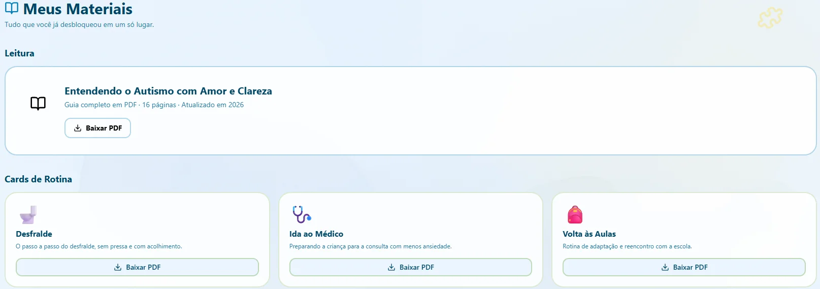 Tela real de Meus Materiais: o Guia em PDF e os Cards de Rotina prontos para baixar